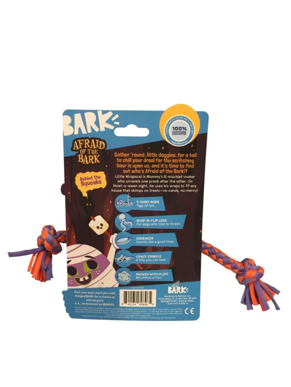 BARK Fetch It Little Wrapscal Plush Dog Toy Crinkle Squeak Afraid of the Bark